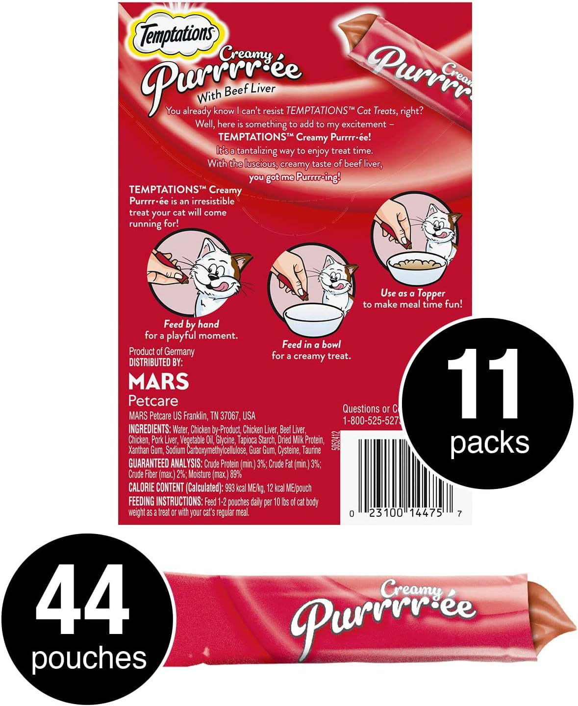 Creamy Puree with Beef Liver Lickable Cat Treats, 0.42 Oz Pouches, 4 Count (Pack of 11) - Total 44 Count