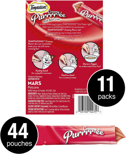 Creamy Puree with Beef Liver Lickable Cat Treats, 0.42 Oz Pouches, 4 Count (Pack of 11) - Total 44 Count