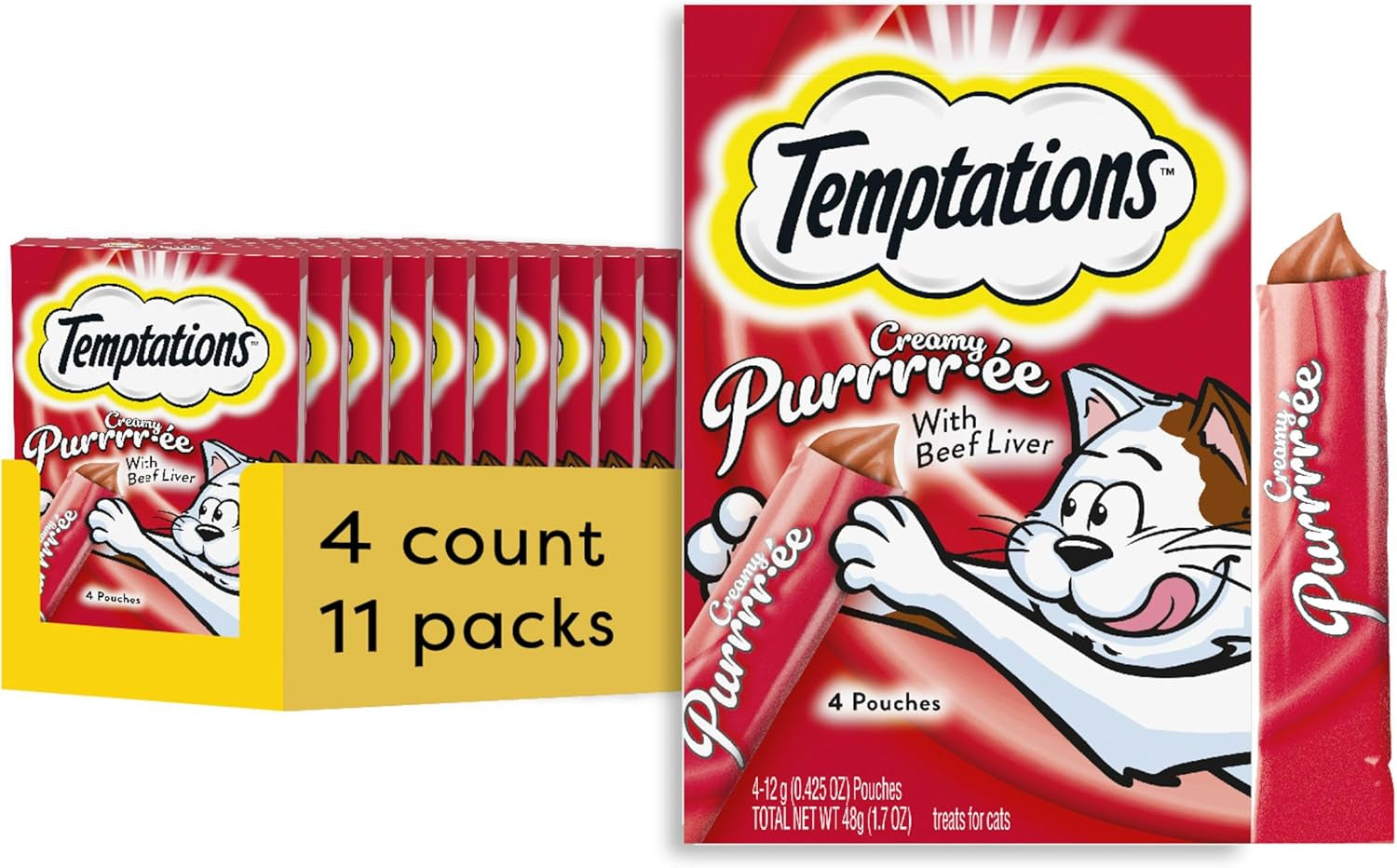Creamy Puree with Beef Liver Lickable Cat Treats, 0.42 Oz Pouches, 4 Count (Pack of 11) - Total 44 Count